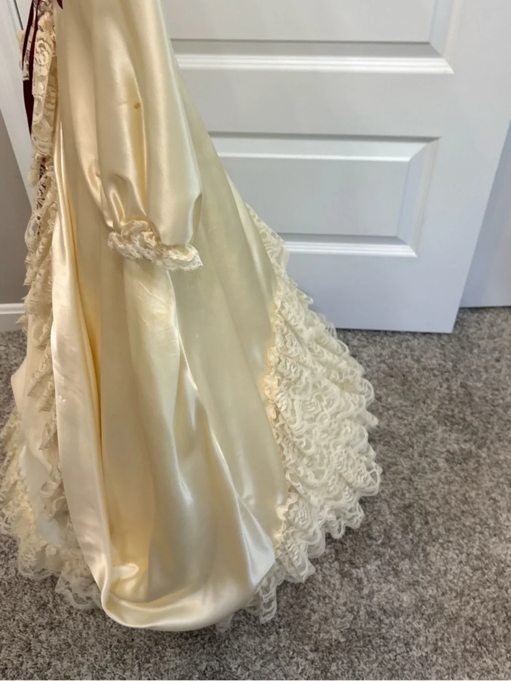Vintage Victorian Girls Ivory Satin Lace Ruffled Dress with Burgundy Ribbon